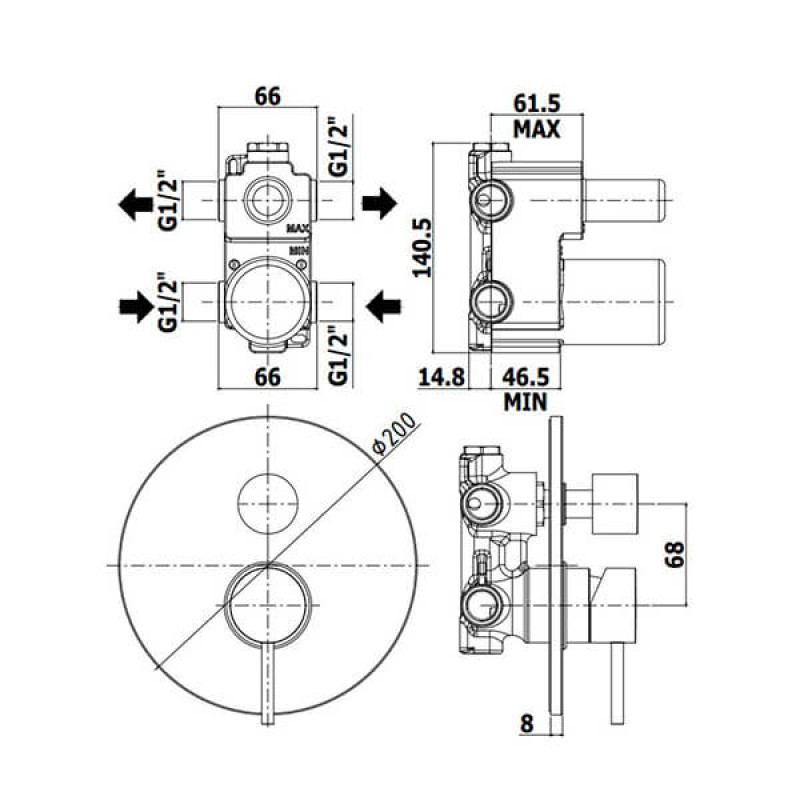 Paffoni Змішувач для душу Light LIG 018 NO прихованого монтажу на 2 споживача чорний матовий (LIG018NO)