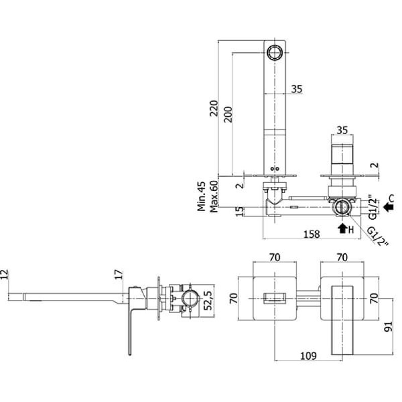 Paffoni Смеситель настенный для раковины Elle EL 10 5NO 70 200 мм, черный (EL105NO70)