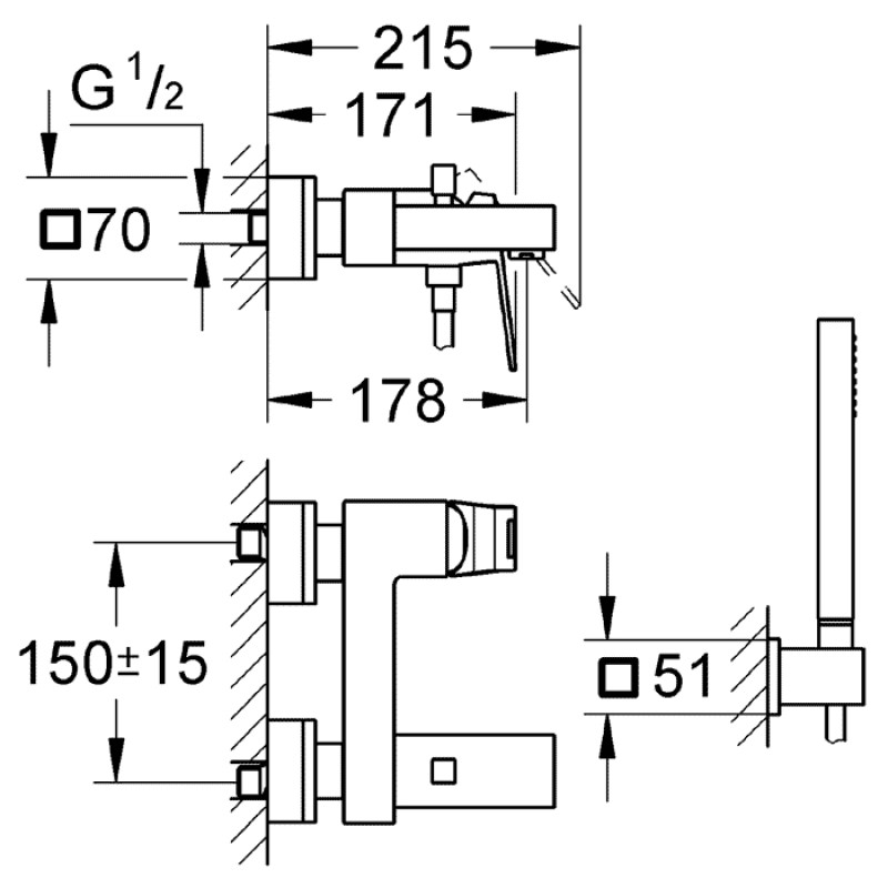 Grohe Смеситель для ванны Eurocube с душевым гарнитуром (23141000)