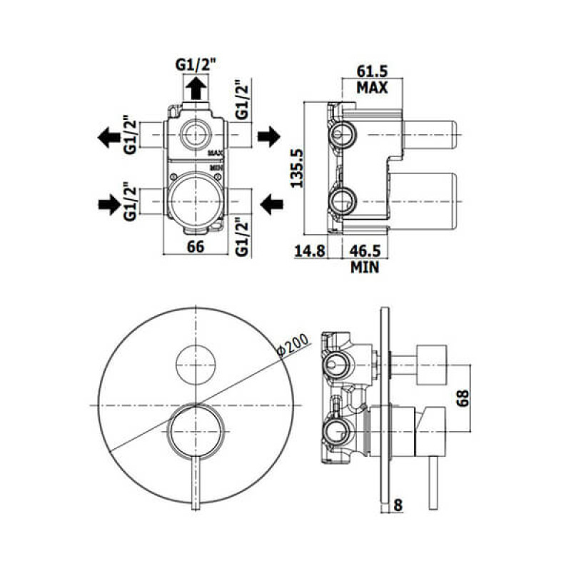 Paffoni Змішувач для душу прихованого типу Light LIG 01 9ST 3 виходу з відвідним патроном (LIG019ST)