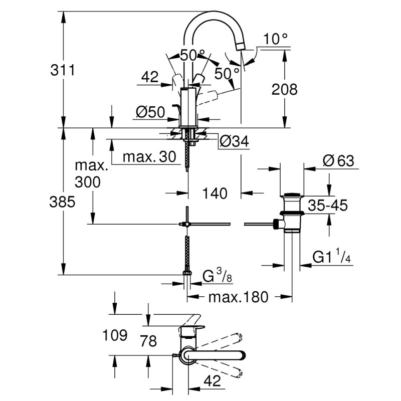 Grohe Смеситель для умывальника Eurosmart New L-Size с донным клапаном, хром (23537003)