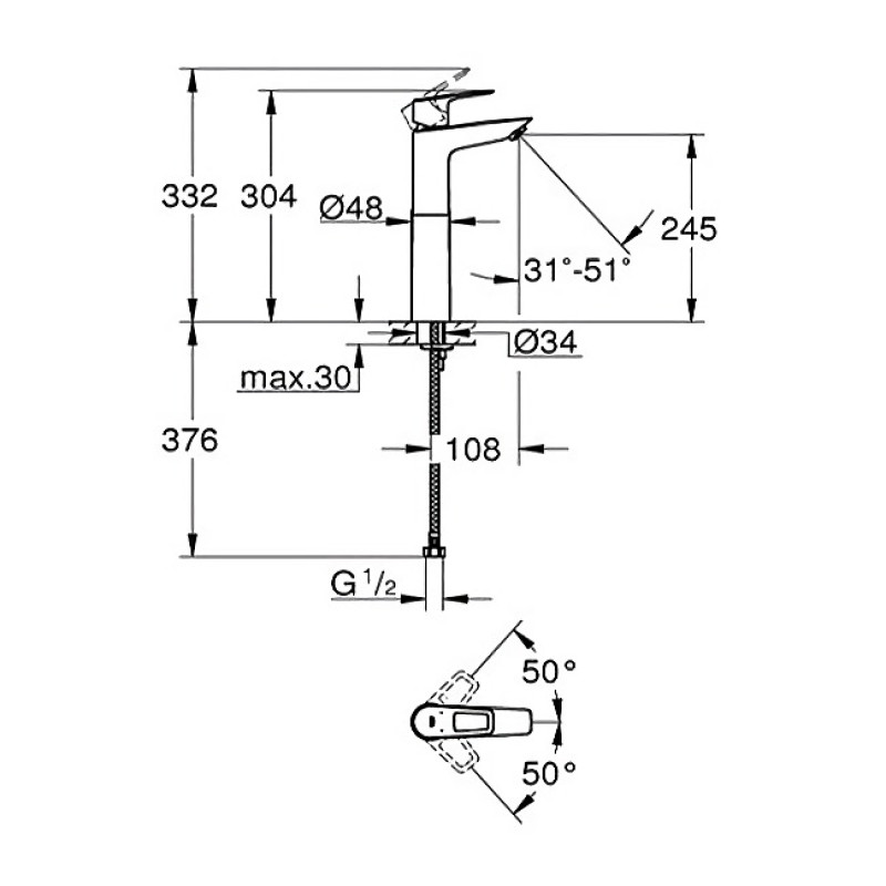 Grohe Смеситель для умывальника высокий BauLoop New с донным клапаном, хром (32856001)