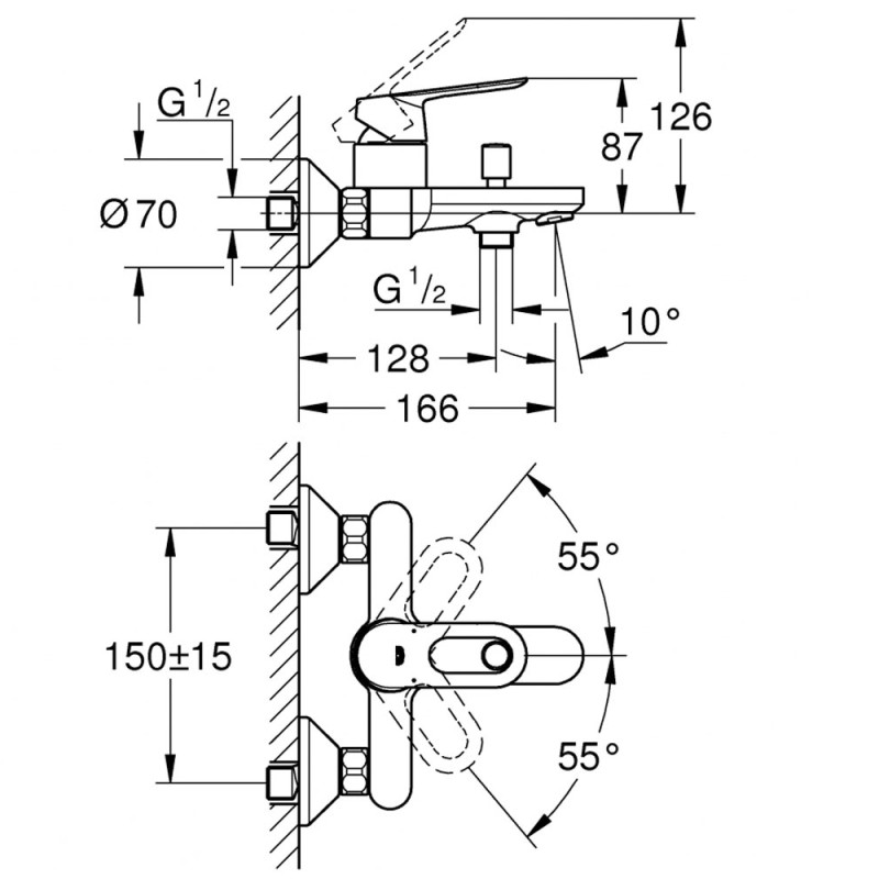 Grohe Смеситель для ванны BauLoop настенный монтаж (23603000)