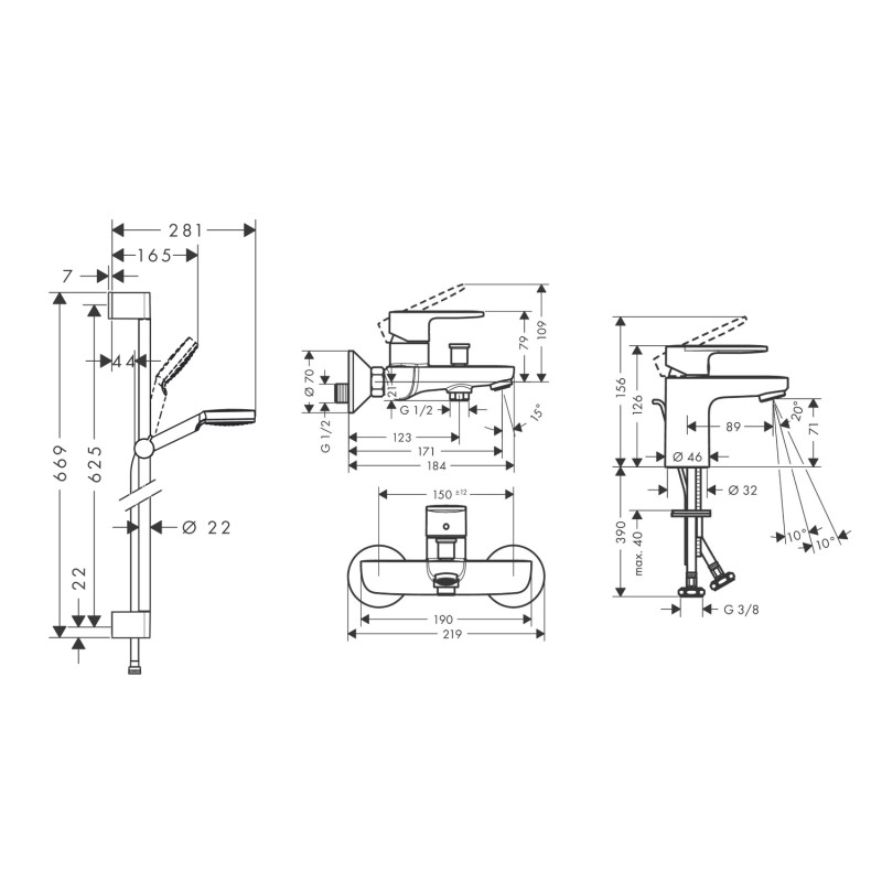 Hansgrohe Набор смесителей для ванны Vernis Blend, раковина 70 (71550000+71440000+26533400)