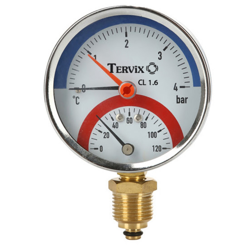 Tervix 357318 термоманометр Pro Line 80/0-10 бар, 0-120 С, радіальний, з монтажним клапаном R1/2" (357318)