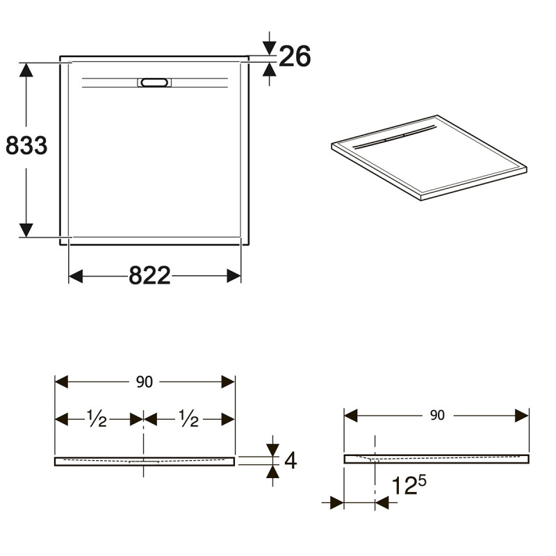 Geberit Душовий піддон SESTRA 90x90х4 см, квадратний, графіт, поверхня зі сланцевою структурою