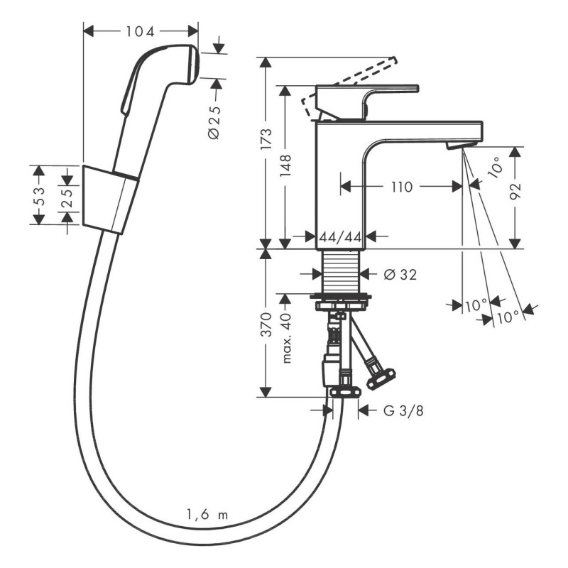 Hansgrohe Смеситель для умывальника Vernis Shape 100 с гигиенической лейкой