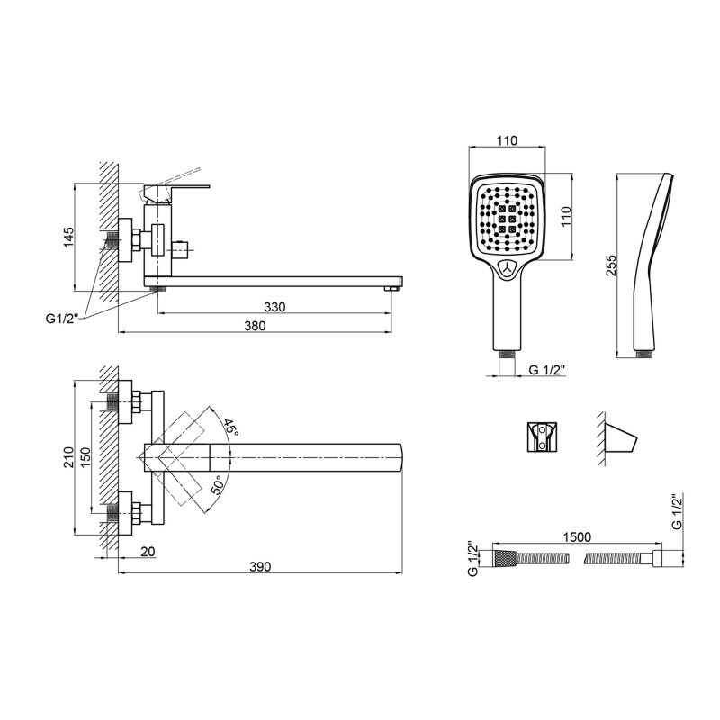 Lidz Змішувач для ванни Kubis 005 з душовим гарнітуром чорний (LDKUB005BLA43378)