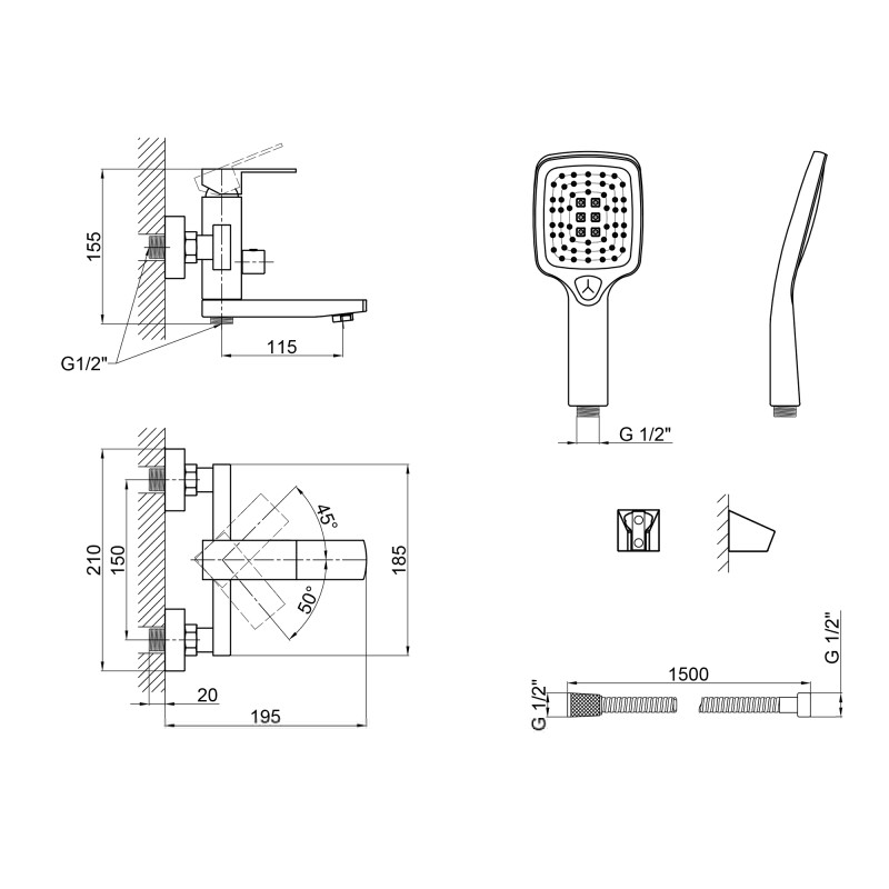 Lidz Змішувач для ванни Kubis 006 із душовим гарнітуром чорний (LDKUB006BLA43377)